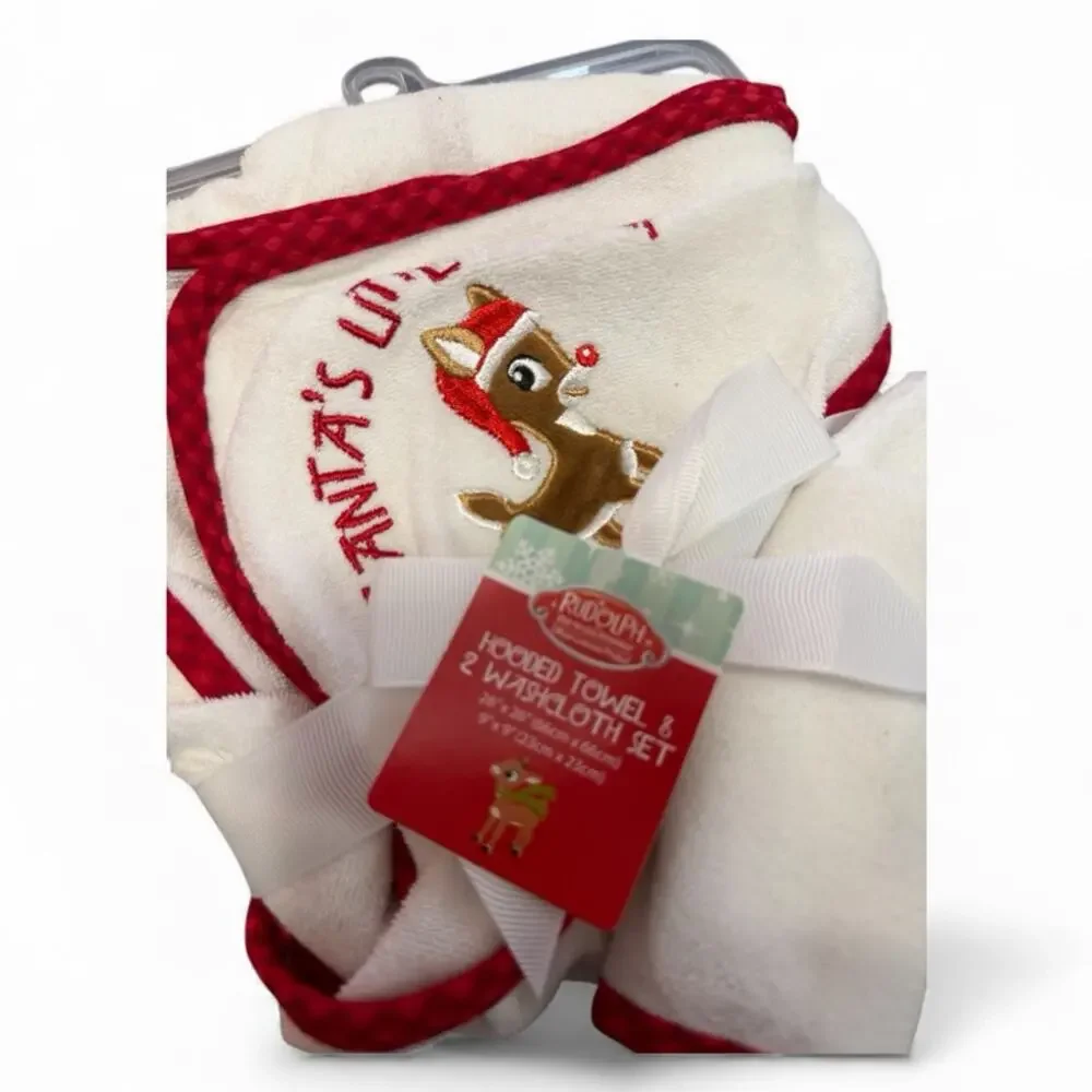 Hooded Towel & Washcloth Set Infant Baby White Red Santa's Little Helper NEW